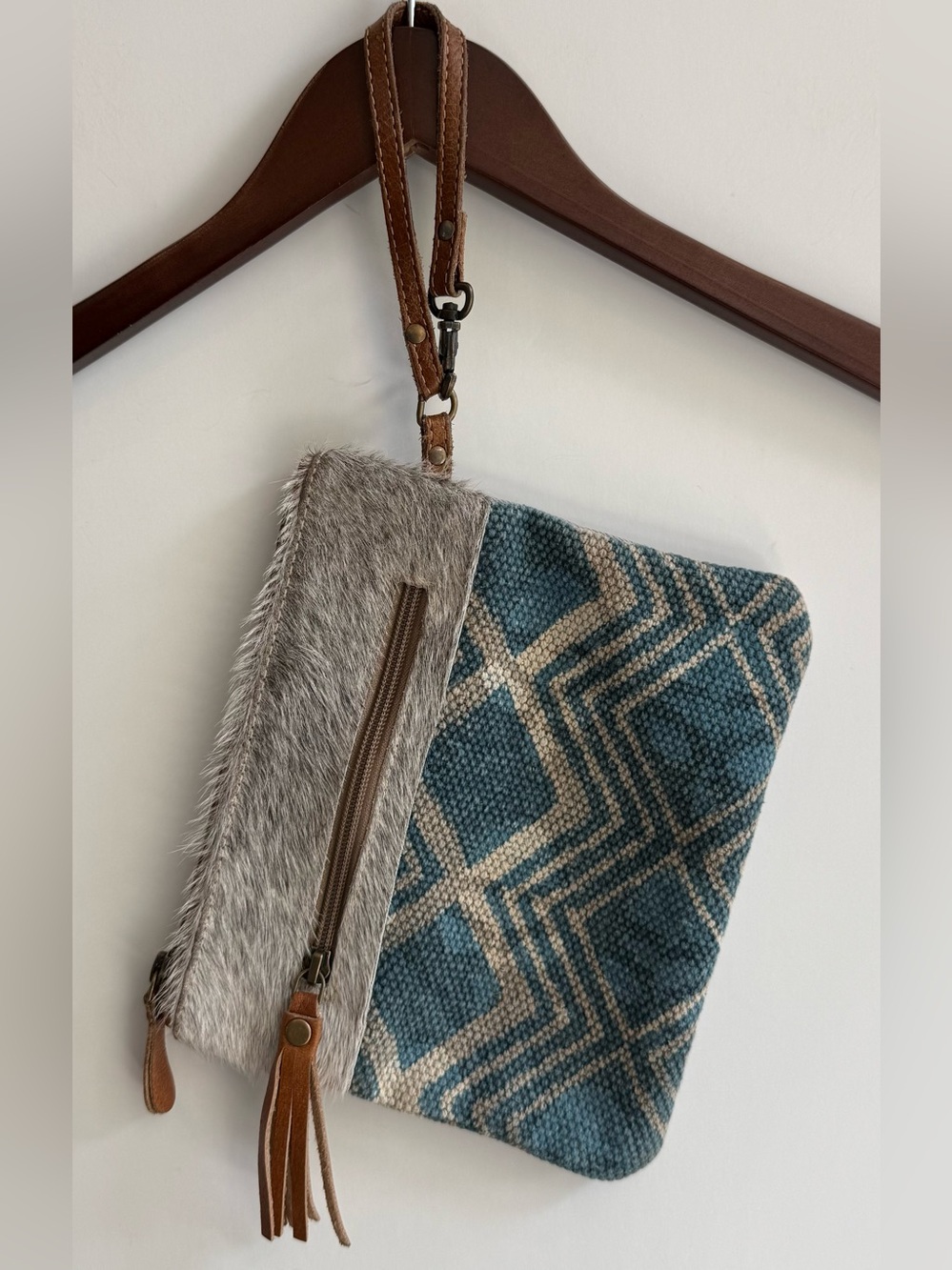 Myra Bag Wristlet Clutch Pouch Leather Canvas Upcycle Western Zipper Close